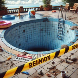 DALL·E 2025 04 14 19.00.09 Realistic photo of an empty swimming pool with a warning tape crossing it showing an exposed drainage hole at the bottom. Childrens toys and floatie