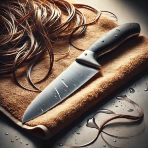 DALL·E 2025 04 14 19.00.38 Realistic close up photo of a kitchen knife placed on a wet towel with strands of hair nearby. The setting looks urgent and improvised suggesting a r